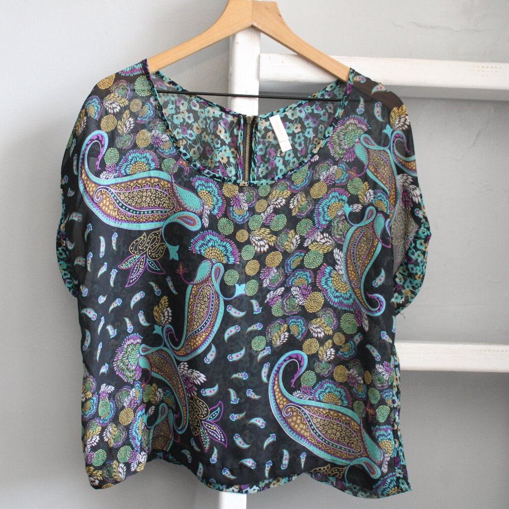 Xhilaration Target Black Purple Paisley Floral Print Sheet Boxy Top Size Large